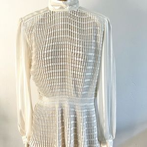 Vintage Pleated Cream Ivory Gold Lurex Stripe Peplum Mockneck Blouse Top